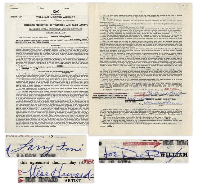 The Three Stooges AFTRA Contract Signed by Moe Howard, Larry Fine & Joe DeRita From March 1963 With William Morris Agency -- 4pp. on 2 Sheets, Measuring 8.5'' x 11'' -- Very Good
